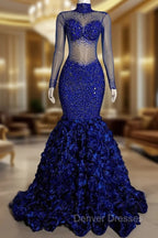 Glamorous High Neck Long Sleeves Prom Dress Mermaid Flowers Bottom With Beads