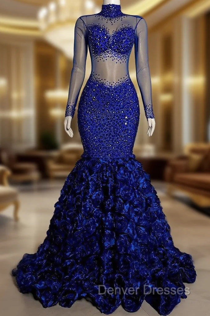 Glamorous High Neck Long Sleeves Prom Dress Mermaid Flowers Bottom With Beads