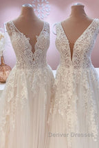 Glamorous Long A-Line Open Back Tulle Appliques Lace Wedding Dress