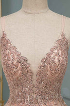 Glamorous Long A-line Sequins V-Neck Open Back Evening Prom Dress