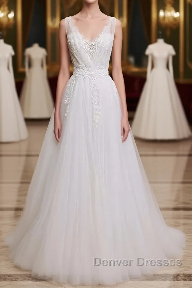 Glamorous Long A-line V-Neck Backless Tulle Wedding Dress Main image