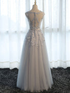 Glamorous Long Evening Dresses Lace Cameo Pink Party Dress A Line Applique Tulle Maxi Formal Dress