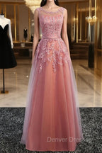 Glamorous Long Evening Dress Lace Cameo Pink Party Dress A Line Applique Tulle Maxi Formal Dress