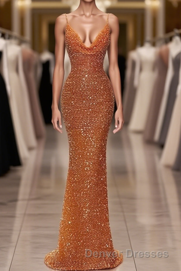 Glamorous Long Mermaid Spaghetti Straps Sequined Formal Prom Dress