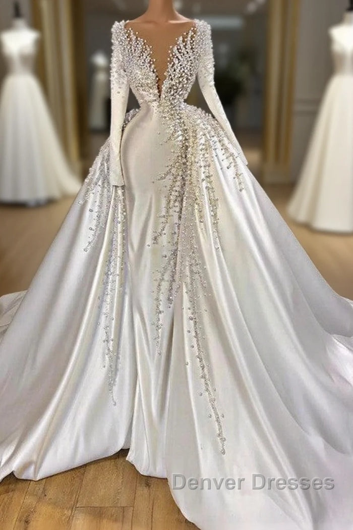 Glamorous Long Sleeve Pearls Wedding Dress V-Neck With Detachable Train Online Main image