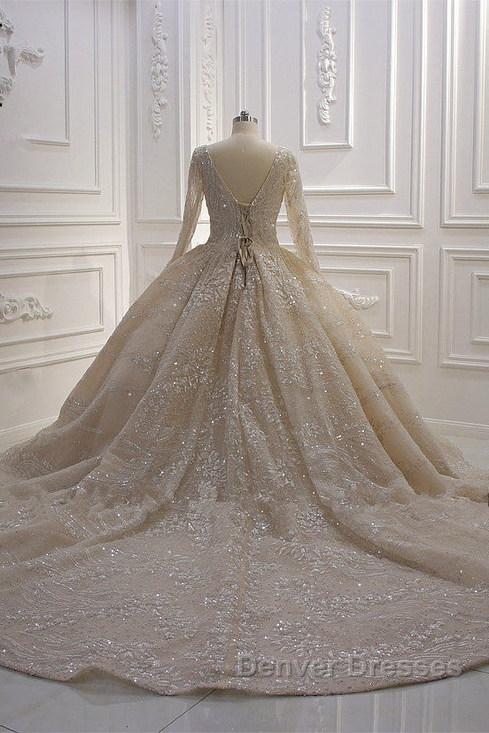 Glamorous Long Sleeve V-neck Sequin Beading Ball Gown Wedding Dress