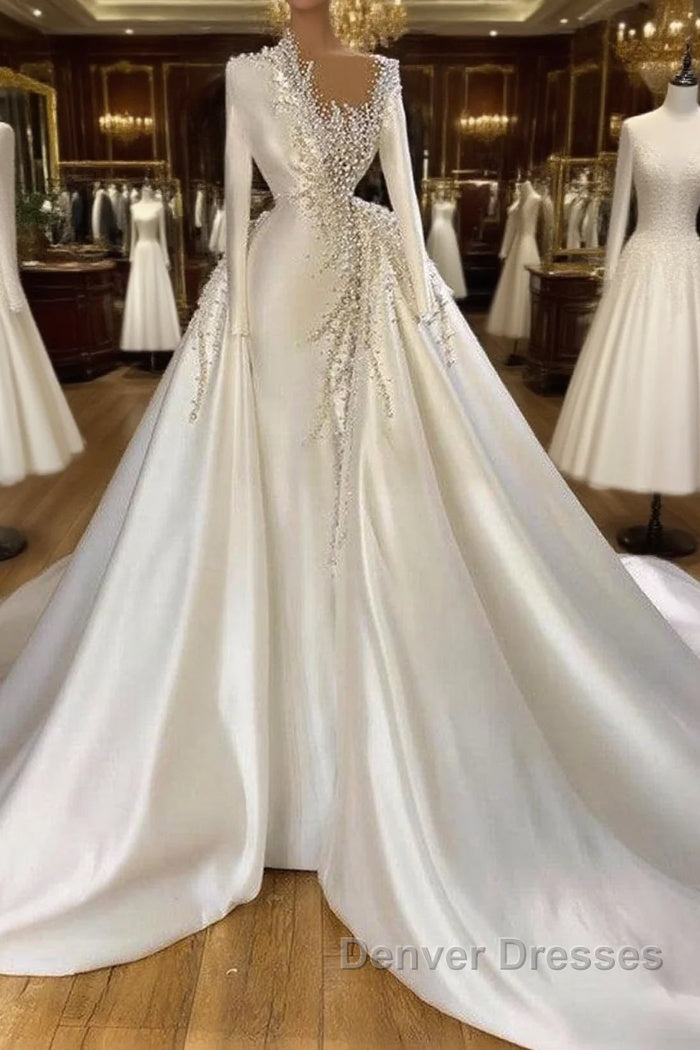 Glamorous Long Sleeves Pearls Wedding Dress Mermaid With Detachable Train Main image