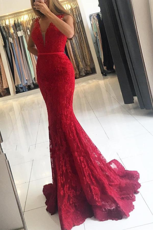 Glamorous Red Wide Strap Lace Evening Dress V-Neck Long Secondary image