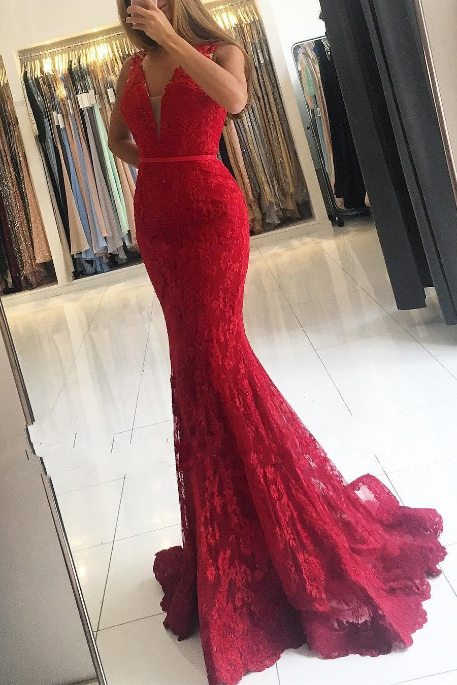Glamorous Red Wide Strap Lace Evening Dress V-Neck Long Main image