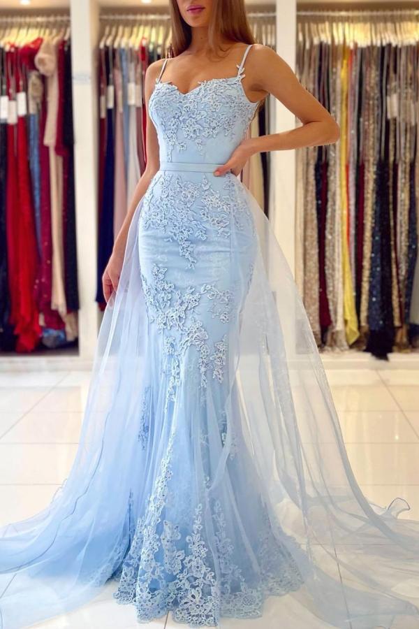 Glamorous Spaghetti-Straps Mermaid Evening Dress With Lace Appliques Ruffles Main image