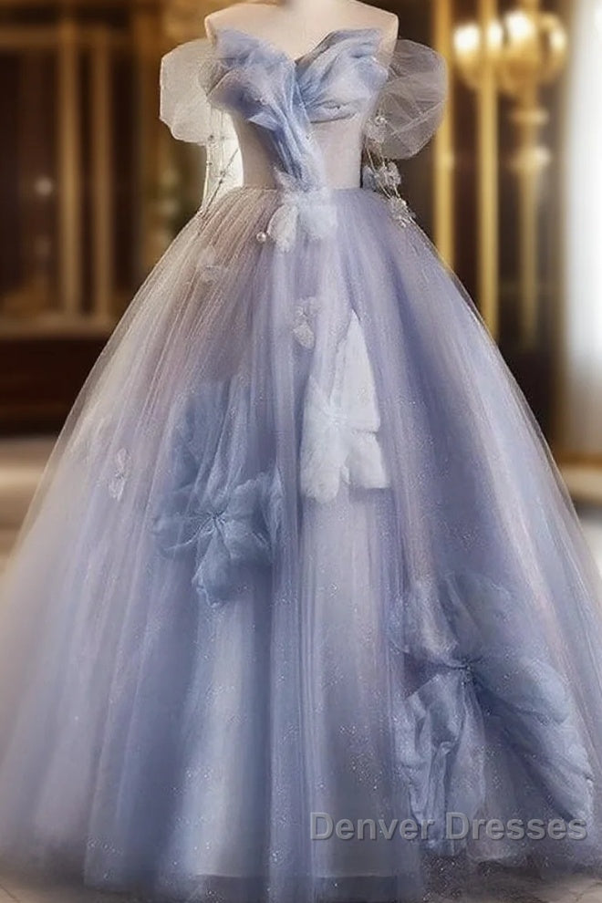 Glitter A-Line Off Shoulder Tulle Flower Quinceanera Dress Blue Long Prom Dress Beautiful