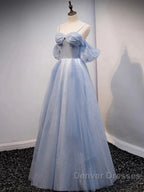 Glitter A-Line Princess Off Shoulder Tulle Gray Blue Long Prom Dress Sparkly Evening Dress