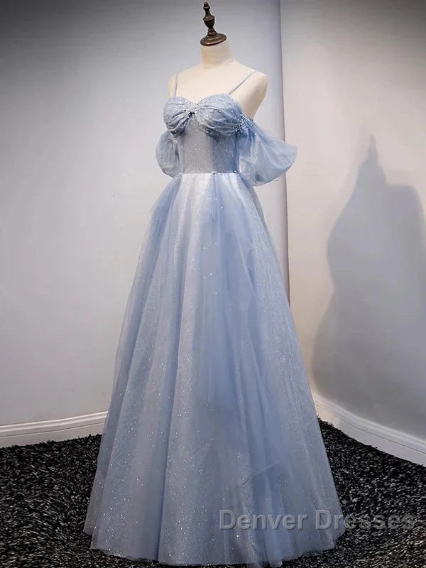 Glitter A-Line Princess Off Shoulder Tulle Gray Blue Long Prom Dress Sparkly Evening Dress