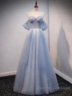 Glitter A-Line Princess Off Shoulder Tulle Gray Blue Long Prom Dress Sparkly Evening Dress