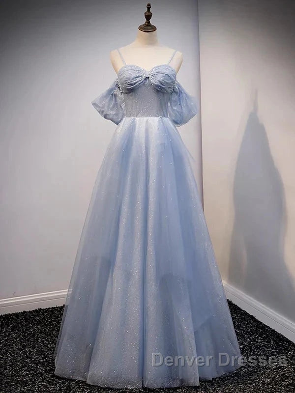 Glitter A-Line Princess Off Shoulder Tulle Gray Blue Long Prom Dress Sparkly Evening Dress