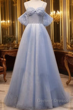 Glitter A-Line Princess Off Shoulder Tulle Gray Blue Long Prom Dress Sparkly Evening Dress