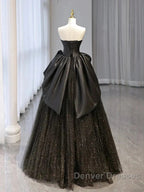 Glitter A-Line Sweetheart Neck Tulle Satin Ballgown Black Long Prom Dress Sparkly Evening Dress