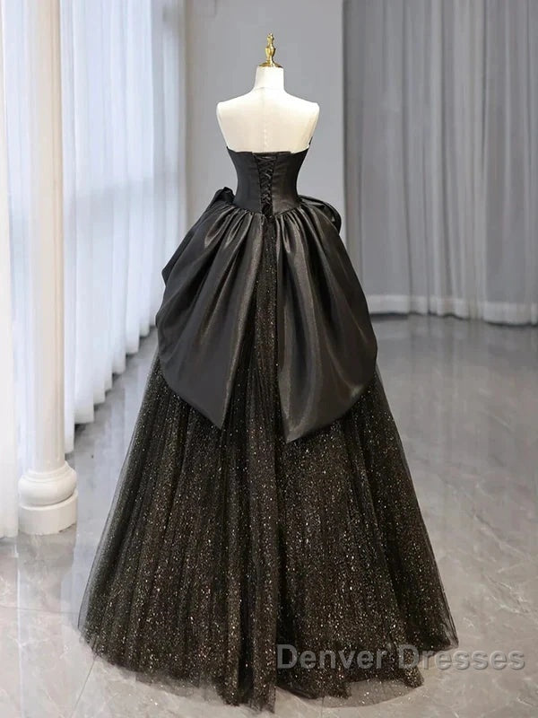 Glitter A-Line Sweetheart Neck Tulle Satin Ballgown Black Long Prom Dress Sparkly Evening Dress