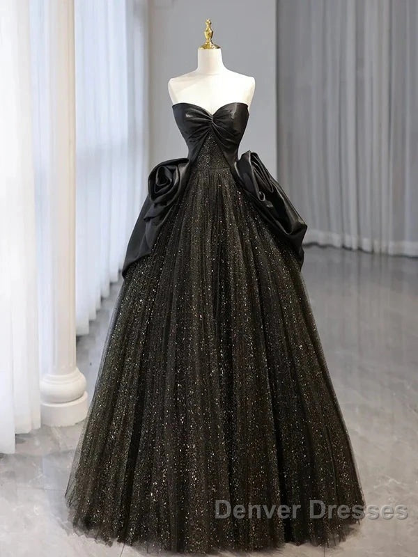Glitter A-Line Sweetheart Neck Tulle Satin Ballgown Black Long Prom Dress Sparkly Evening Dress