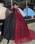 Glitter Black With Burgundy Butterflies Quinceanera Dress Sweet 16 Dress Ball Gown