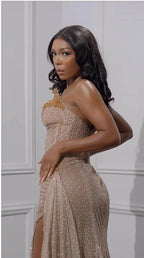 Glitter Bodycon Champagne Evening Prom Dress, Sexy Beaded Split Party Formal Gown