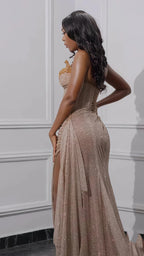Glitter Bodycon Champagne Evening Prom Dress, Sexy Beaded Split Party Formal Gown