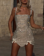 Glitter Champagne Tulle Beaded Birthday Outfits Short Sheath Homecoming Dress Cocktail Dress