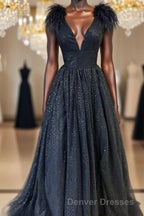 Glitter Feathers V-Neck Empire Waist A-Line Prom Gown,Evening Party Dress