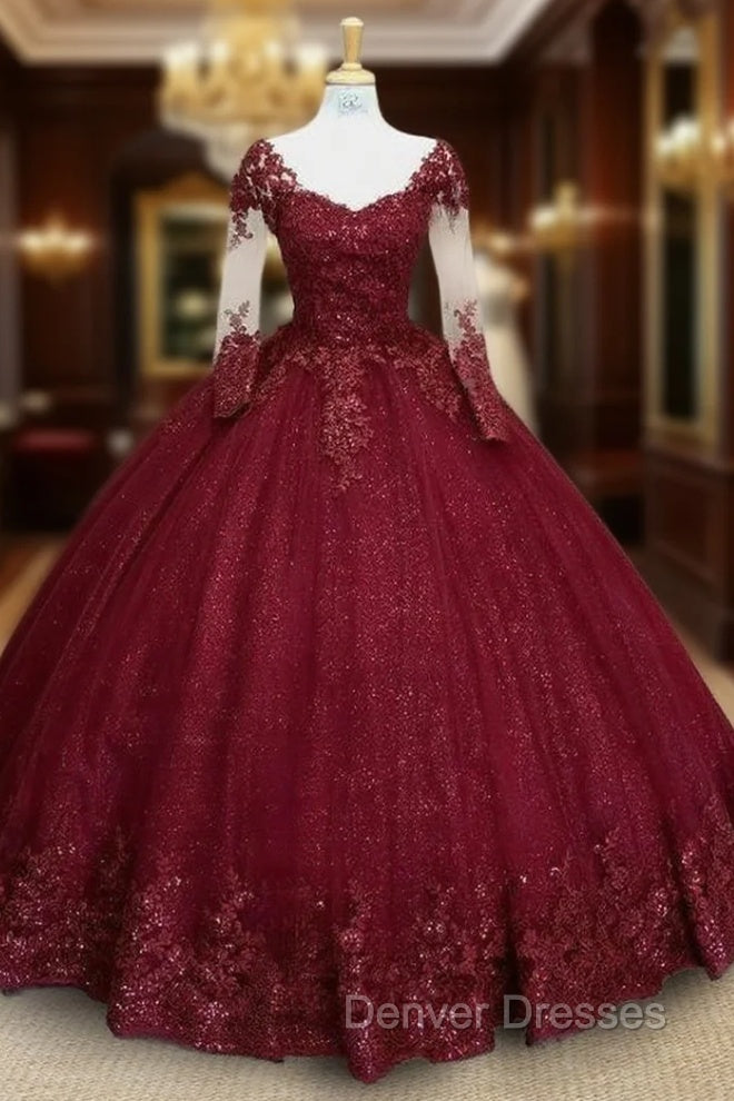 Glitter Long Sleeve Princess Burgundy Quinceanera Dress