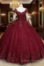 Glitter Long Sleeve Princess Burgundy Quinceanera Dress