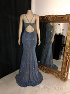 Glitter Mermaid Prom Dress Long Spaghetti Straps V Neck Open Back Formal Evening Party Gowns