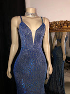Glitter Mermaid Prom Dress Long Spaghetti Straps V Neck Open Back Formal Evening Party Gowns