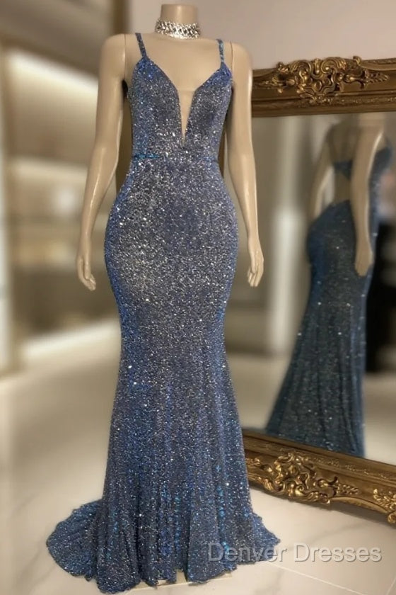 Glitter Mermaid Prom Dress Long Spaghetti Straps V Neck Open Back Formal Evening Party Gowns