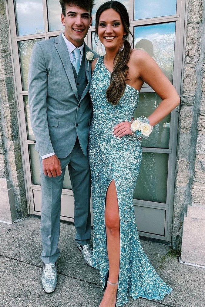 Glitter One Shoulder Hot Pink Sequins Mermaid Prom Dress With Slit