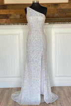 Glitter One Shoulder Hot Pink Sequins Mermaid Prom Dress With Slit