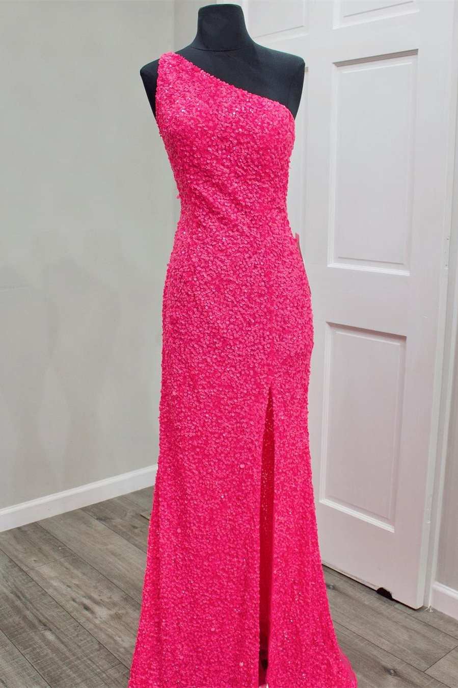 Glitter One Shoulder Hot Pink Sequins Mermaid Prom Dress With Slit Main image