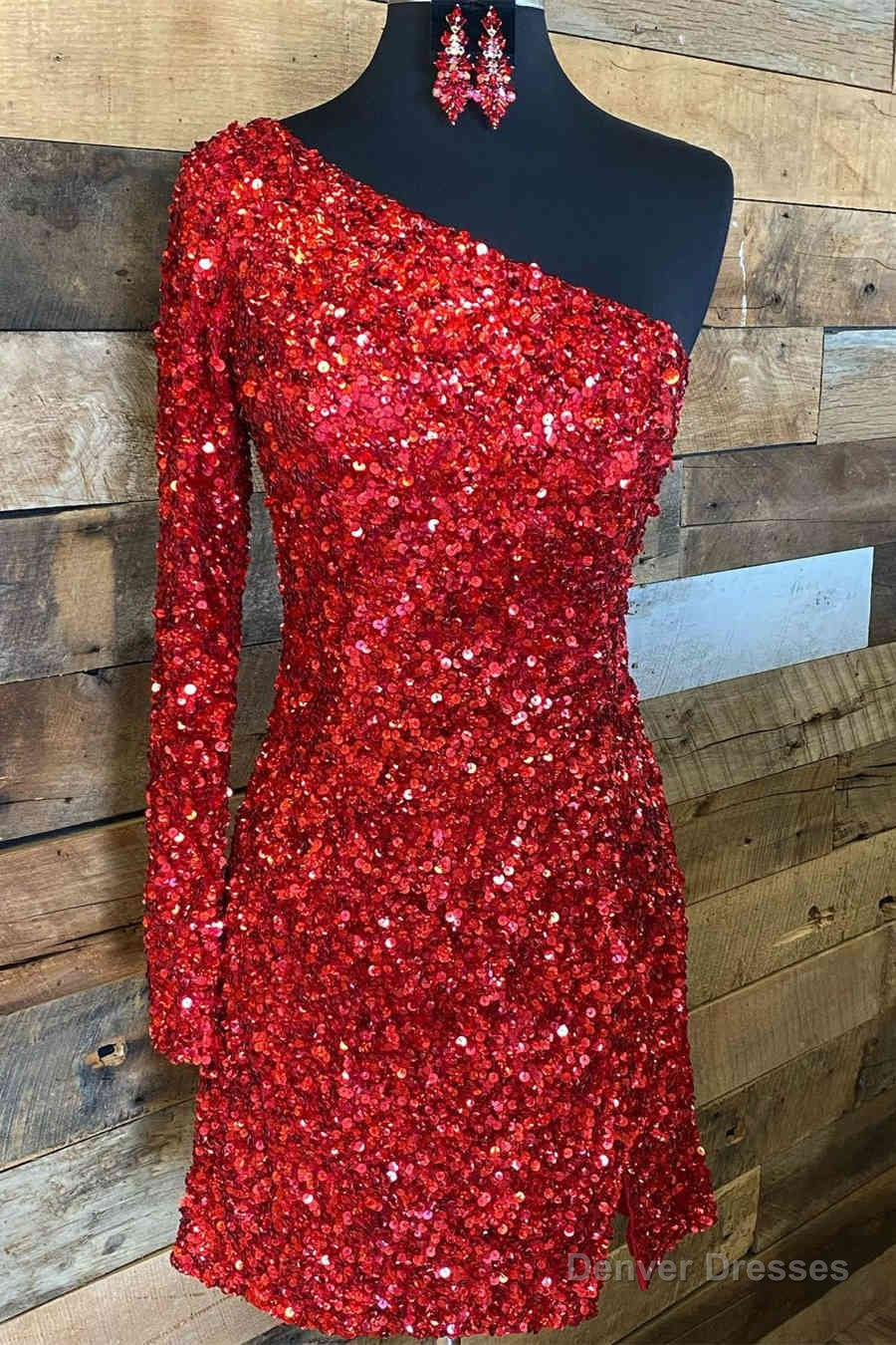 Glitter One Sleeve Red Sequined Homecoming Dress,Stunning Cocktail Dresses Short Formal Main image