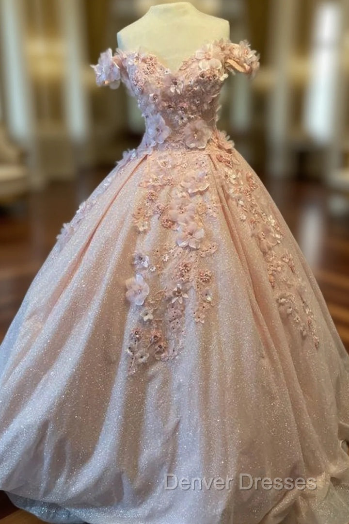 Glitter Pink Off The Shoulder Prom Dress Tulle Appliques Ball Gown Quinceanera Dress