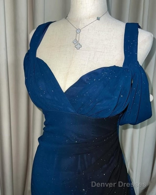 Glitter Radient Blue Prom Dress For Birthday& Pool Party-Elegant V-Neck Spaghetti Straps Evening Dress