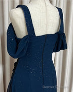 Glitter Radient Blue Prom Dress For Birthday& Pool Party-Elegant V-Neck Spaghetti Straps Evening Dress