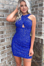 Glitter Red Halter Backless Sequins Tight Homecoming Dress