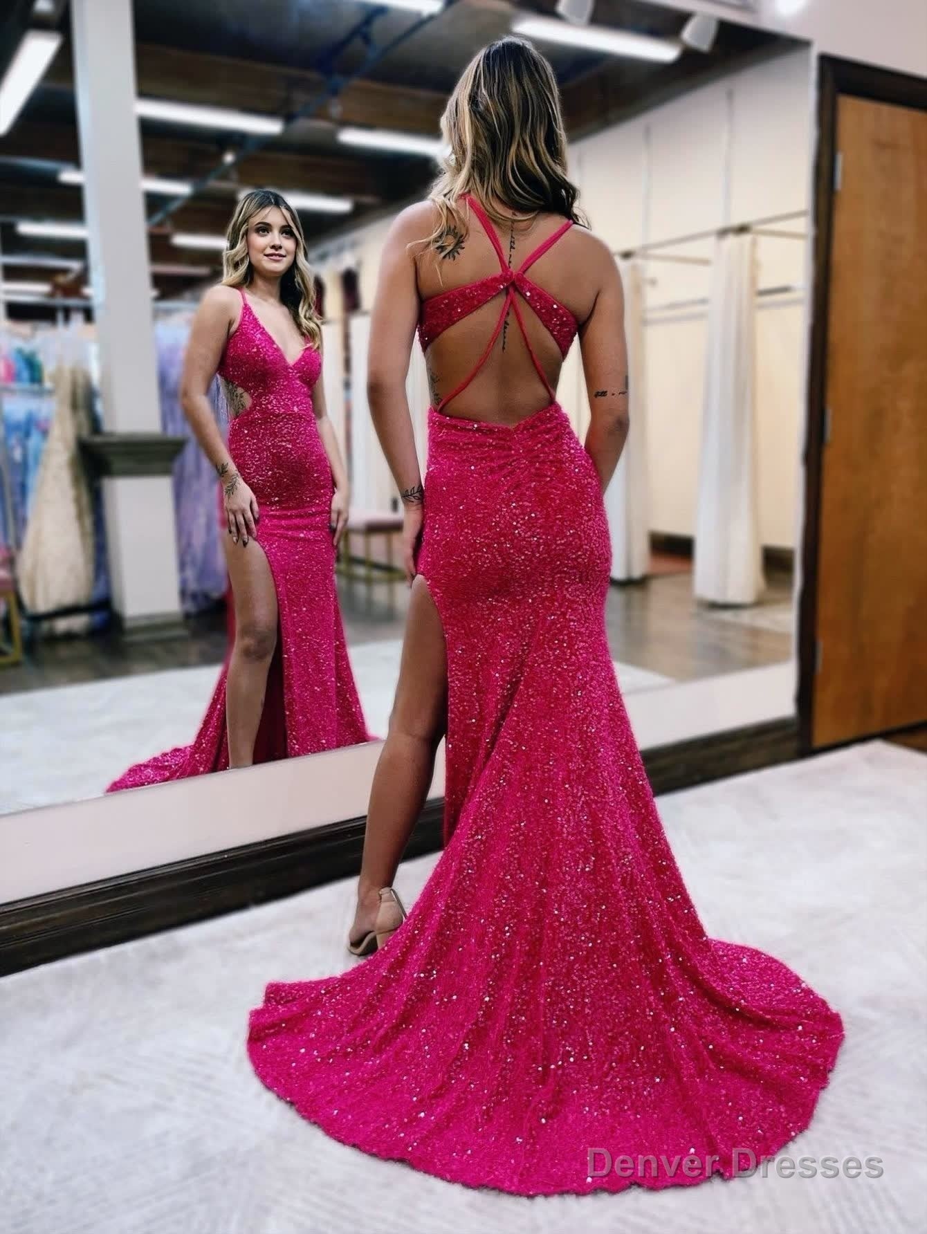 Glitter Red Mermaid V Neck Cut Out Prom Dress with Slit Secondary image
