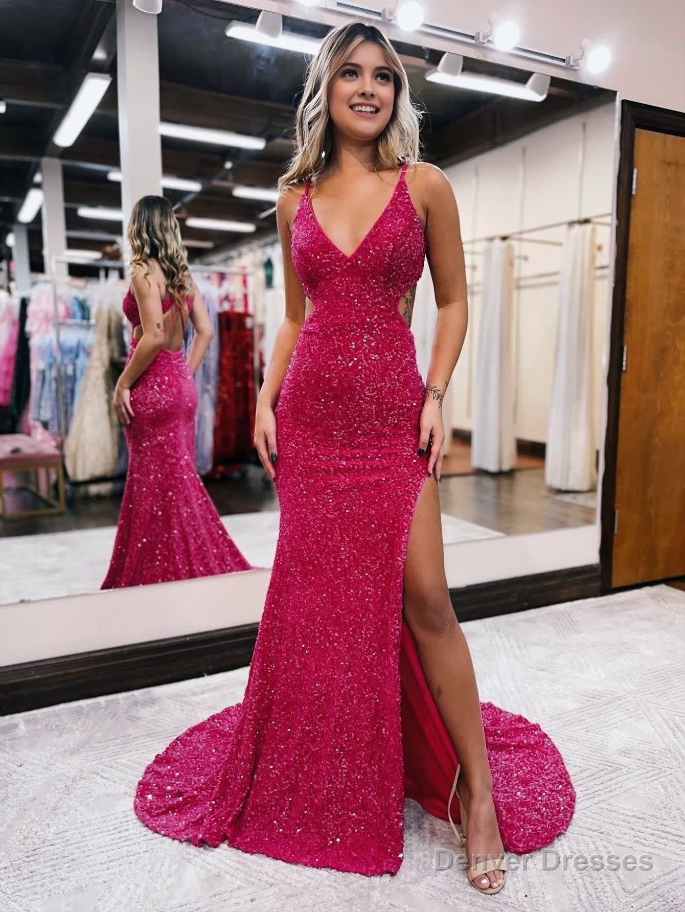 Glitter Red Mermaid V Neck Cut Out Prom Dress with Slit Main image