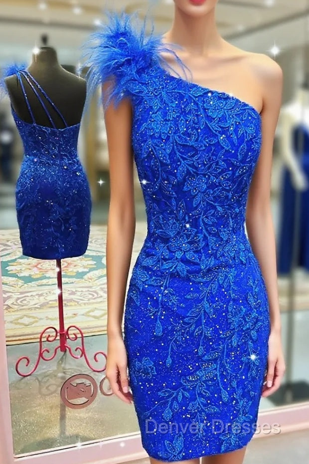 Glitter Royal Blue One Shoulder Lace Short Homecoming Dress with Feather Main image