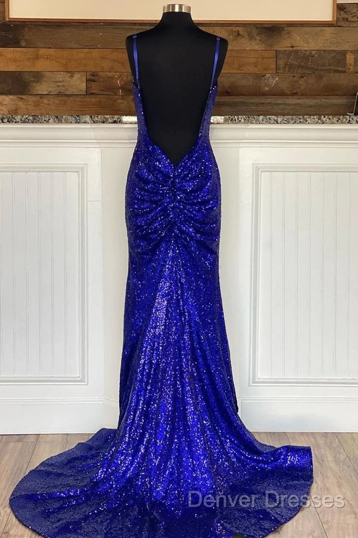 Glitter Royal Blue Sequins Prom Dress Regency Backless Mermaid Formal Dress