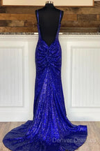 Glitter Royal Blue Sequins Prom Dress Regency Backless Mermaid Formal Dress