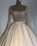 Glitter Sequins Long Sleeves Prom Ball Gown Satin Dress