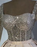 Glitter Sequins Long Sleeves Prom Ball Gown Satin Dress