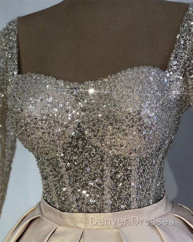Glitter Sequins Long Sleeves Prom Ball Gown Satin Dress