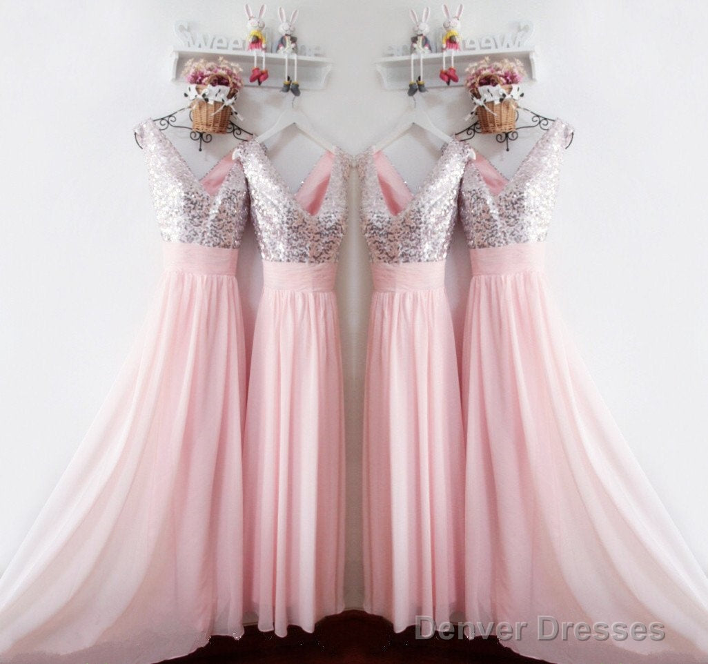 Glitter Sequins V Neck Long Chiffon Pink Bridesmaid Dresses